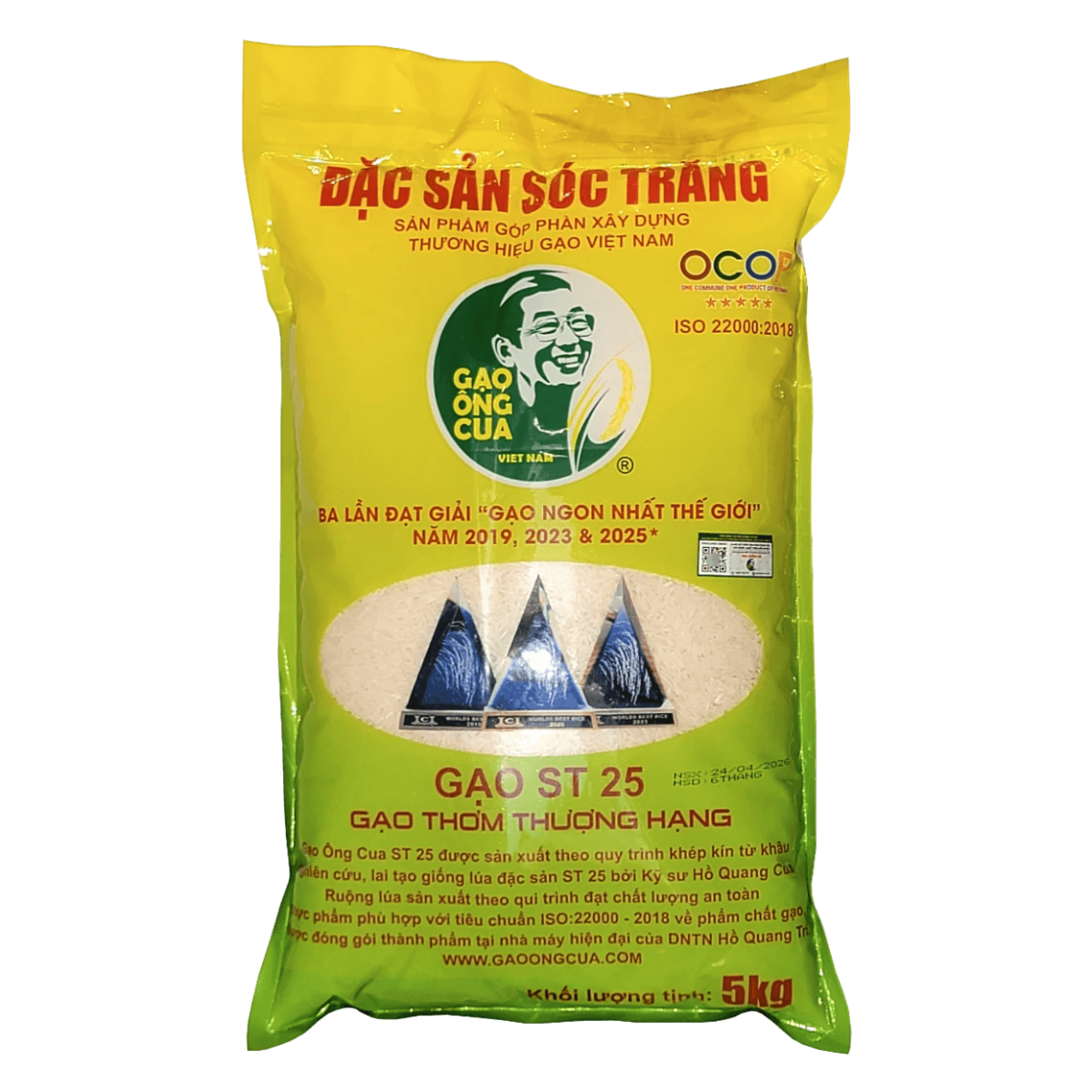 Mặt trước sản phẩm gạo ngon ST25 Ông Cua đóng gói 5kg
