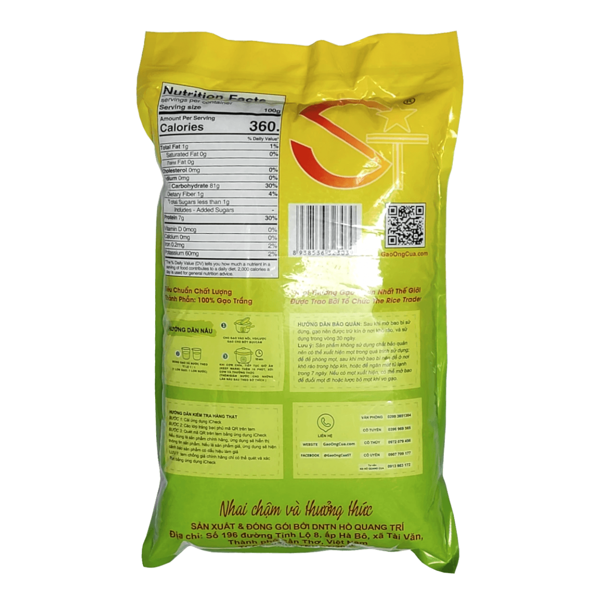 Mặt sau gạo ngon ST25 Ông Cua đóng gói 5kg
